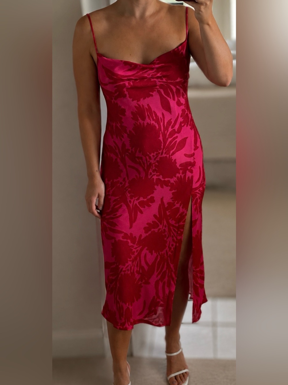 RESA Pink and Red Floral-Print Midi Slip Dress